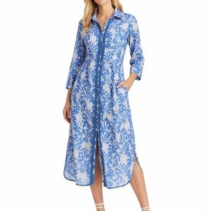 Azure and Indigo Floral Cotton Shirt Dress Blue White XS Boho Midi Resortwear